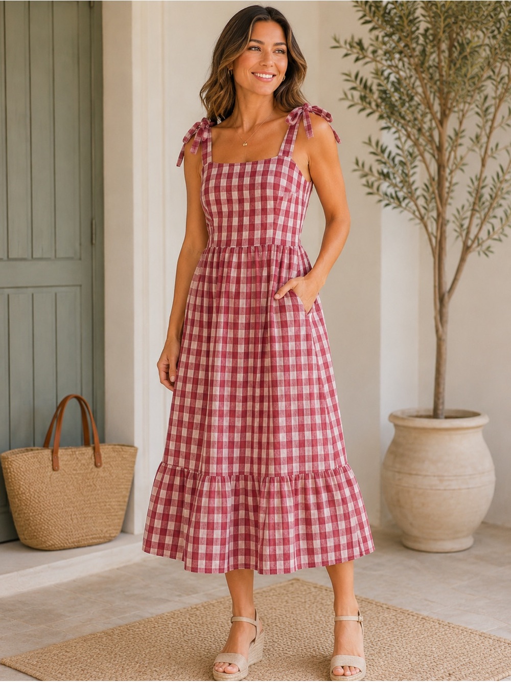ICHI Women’s Tie-Shoulder Gingham Midi Dress in Rose